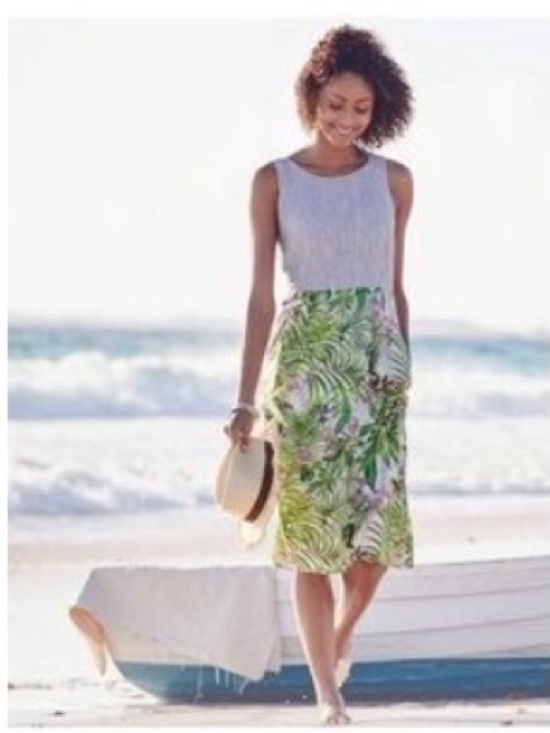 J. Jill Dresses & Skirts - J Jill Linen Striped Bodice Tropical Print Cotton Skirt Midi Resort Summer Dress